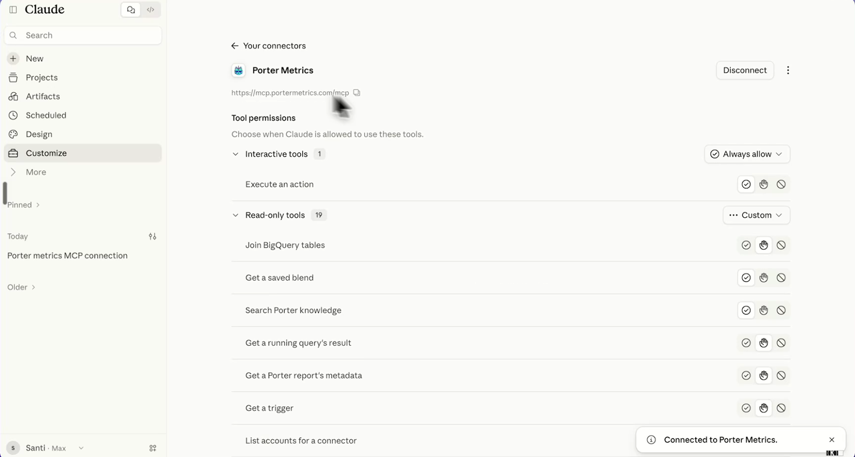 Step 15: Porter Metrics is connected