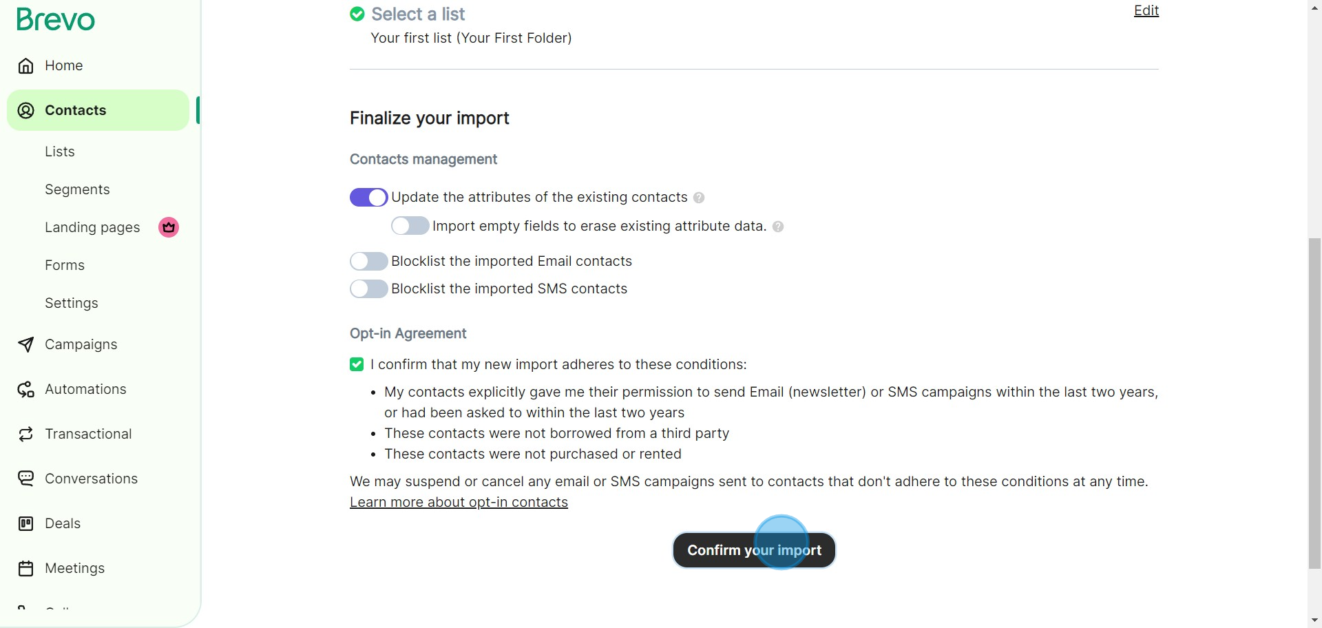 10 Click on "Confirm your import"