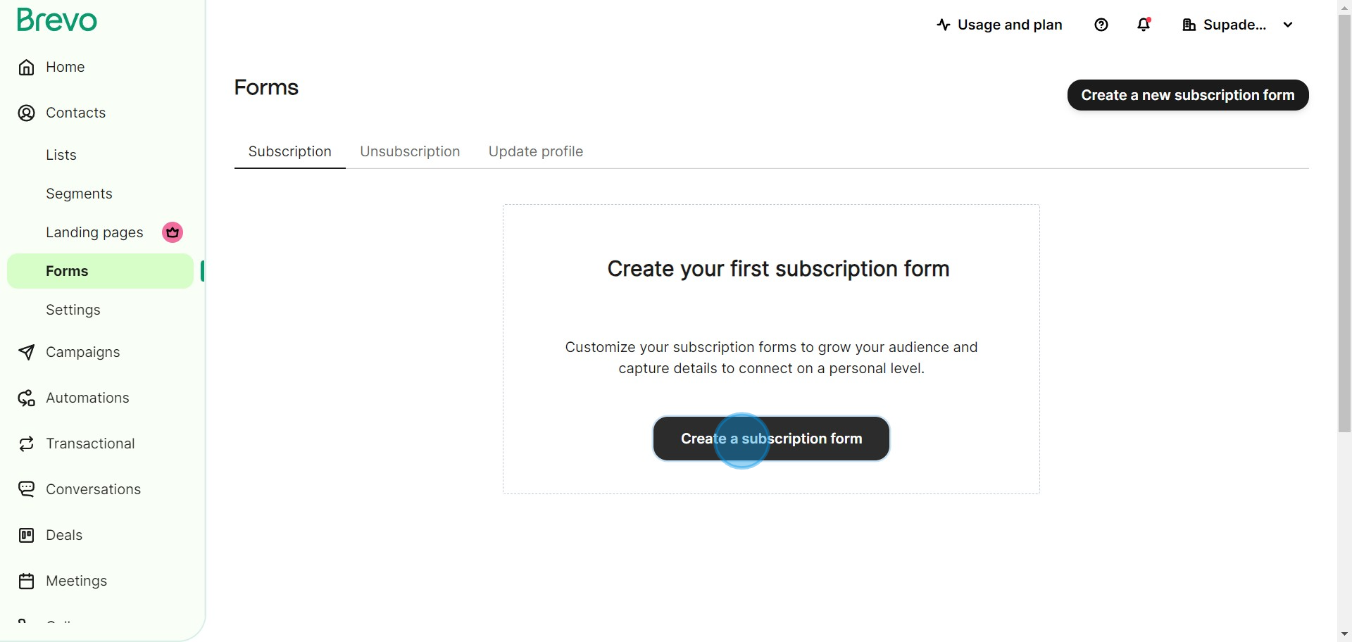 3 Click on "Create a subscription form"